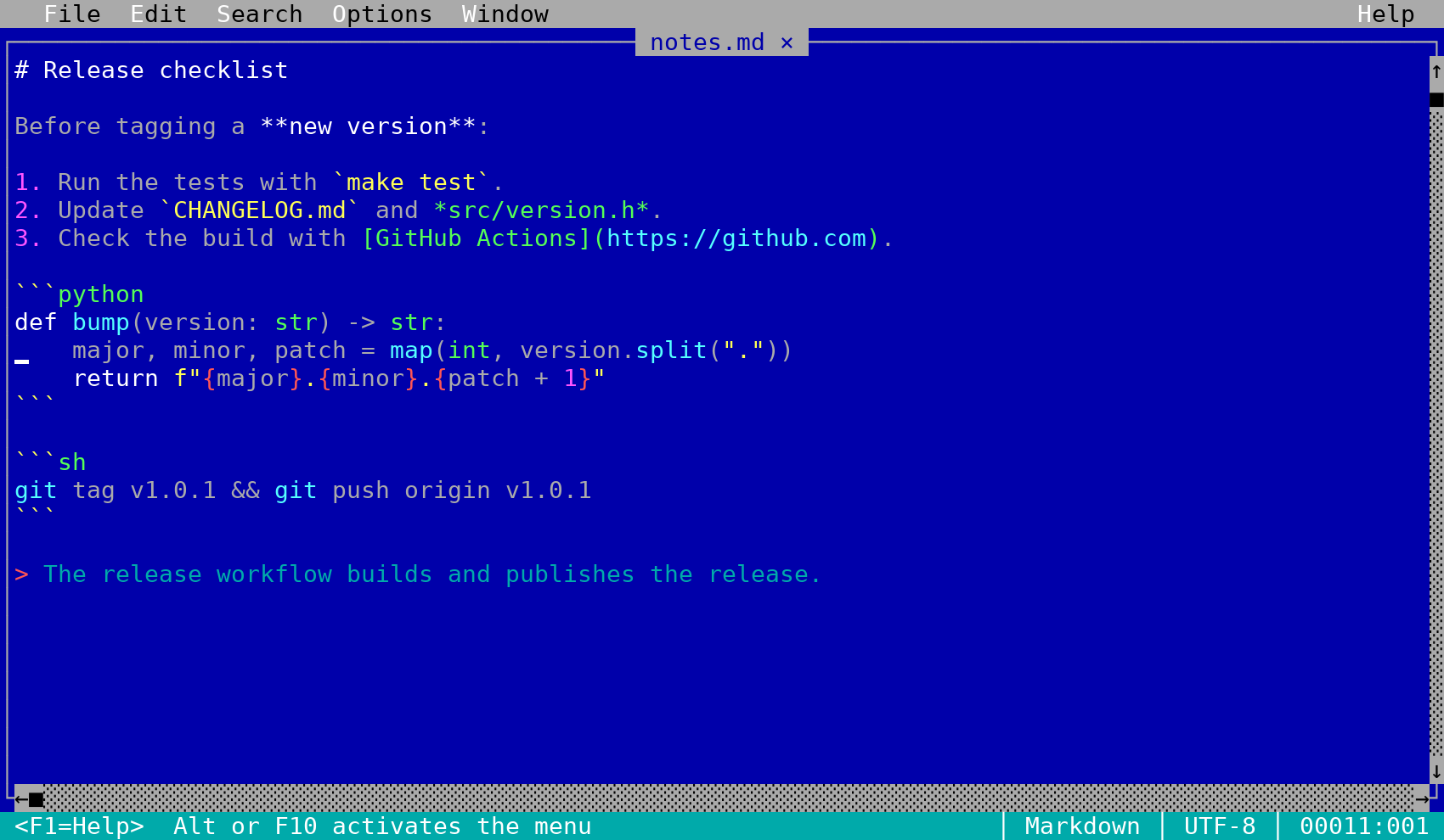 A Markdown file with highlighted Python and shell code blocks