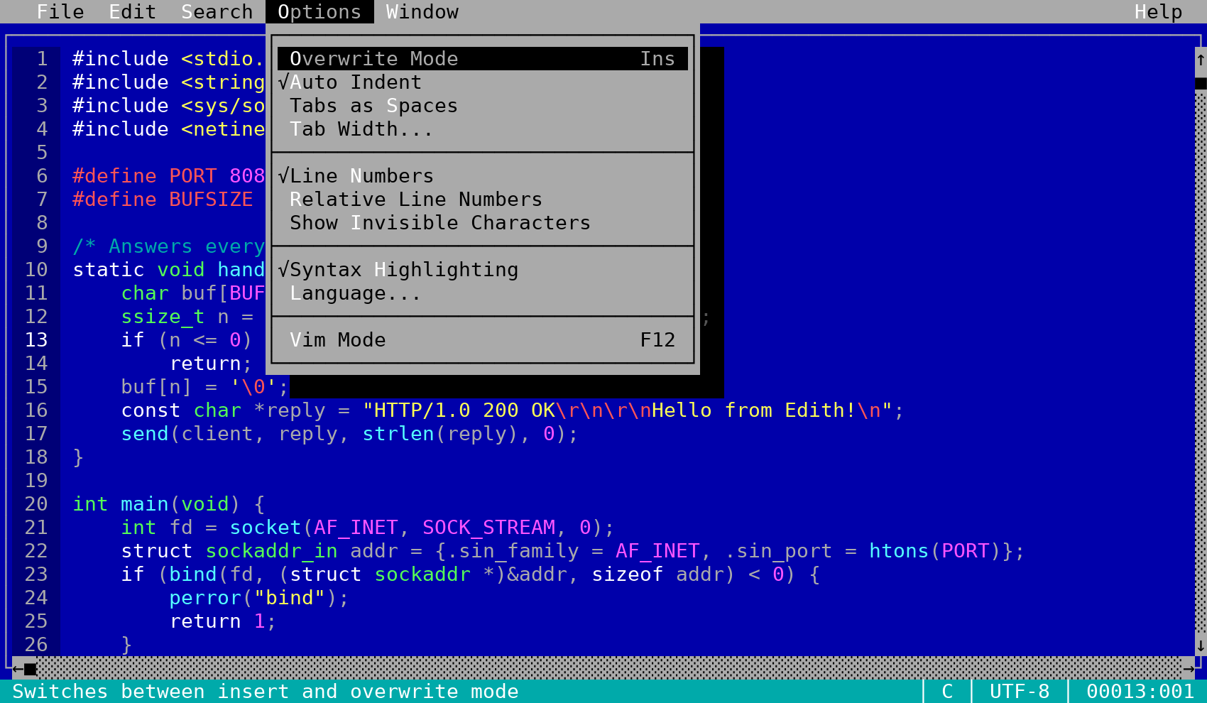 The Options menu of Edith opened over a C file