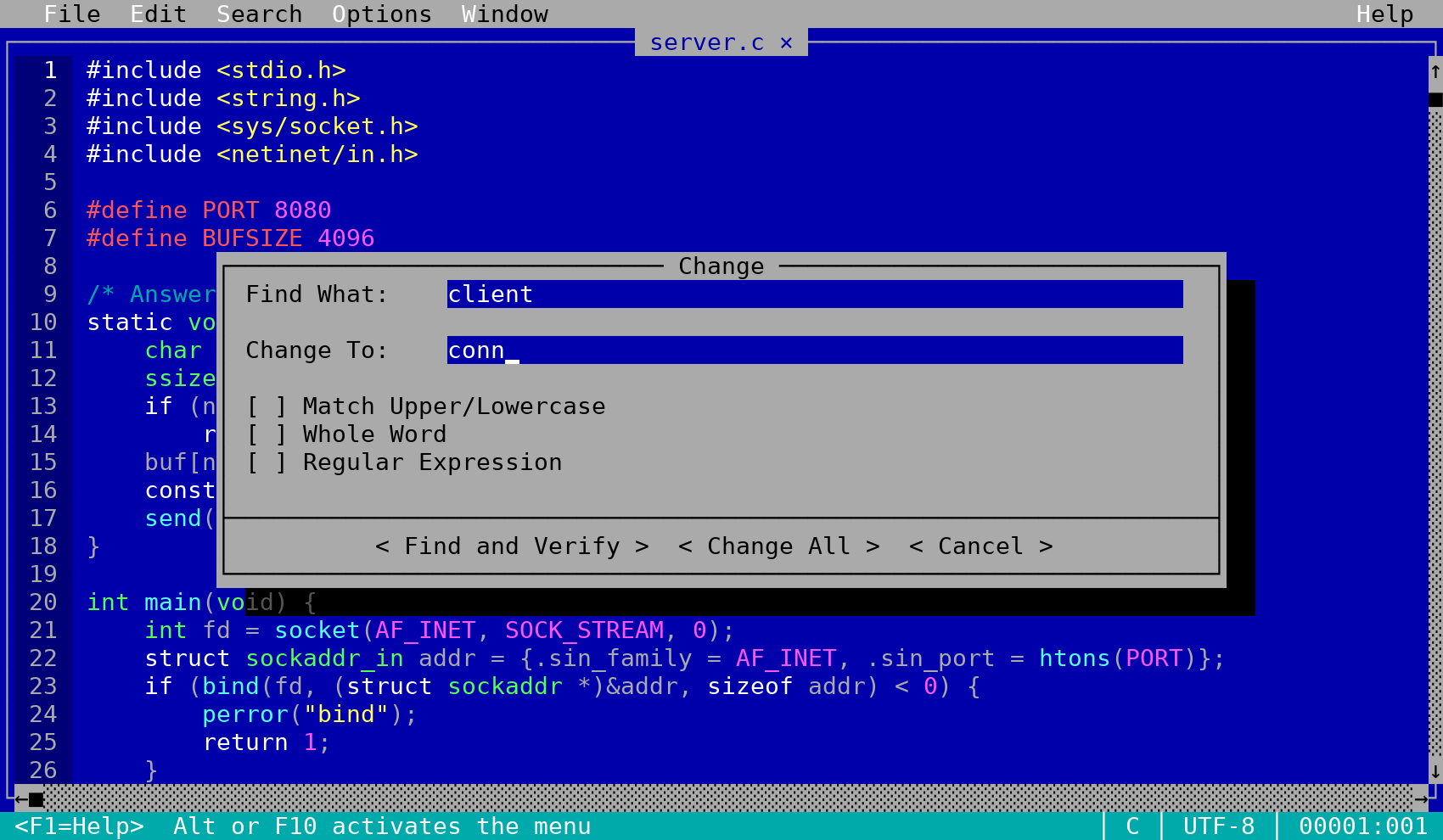 The Change dialog of Edith for finding and replacing text
