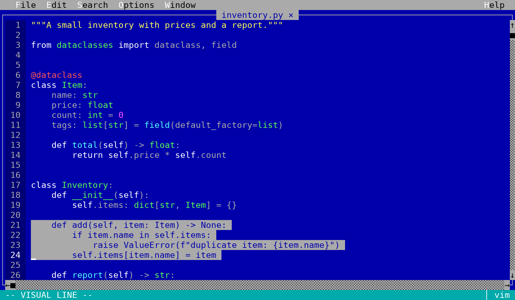Edith in Vim mode with a linewise Visual selection