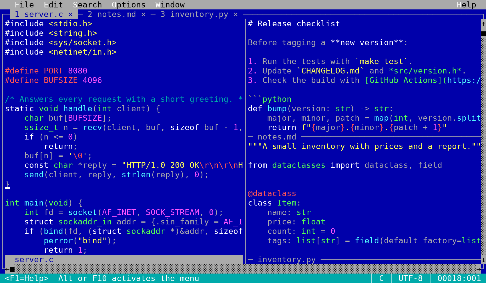 Three windows with a C, a Markdown and a Python file, and three tabs in the top line