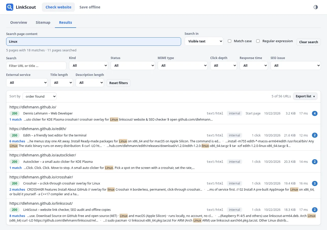 Results list with a content search, filters and the matches of every page