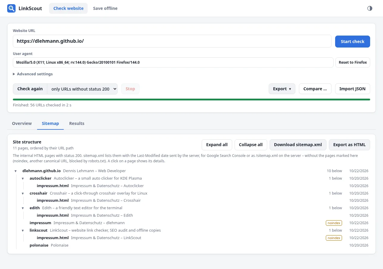 Site structure as tree with export of sitemap.xml and HTML