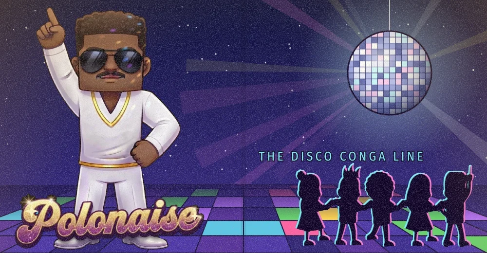 Polonaise – the disco conga line: the disco man in his white suit under the mirror ball, a line of dancers on a lit dance floor