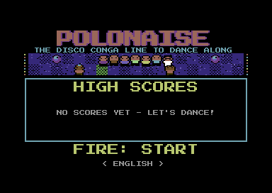 Title screen with the logo, a dancing conga line and the high score list